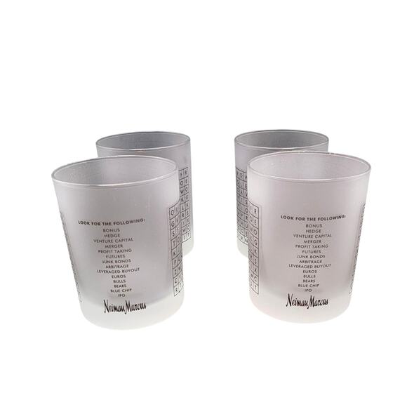 Rare Neiman Marcus Glass Barware Set of 4 Wall Street Word Search Frosted‎ - Picture 7 of 11
